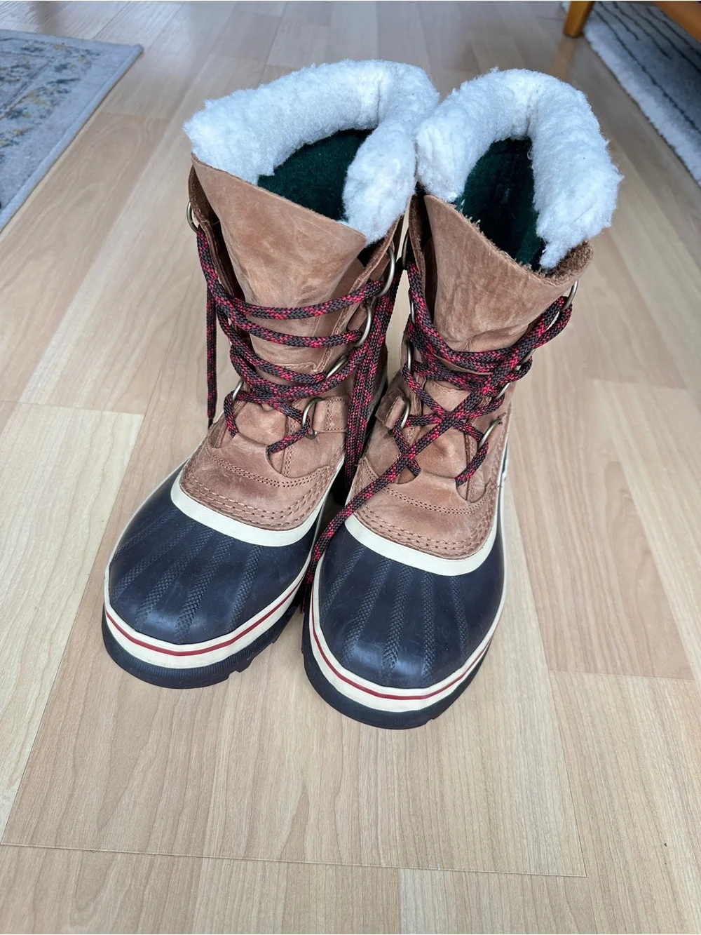 Sorel Tan and Black Waterproof Winter Boot with Red-Accent Laces